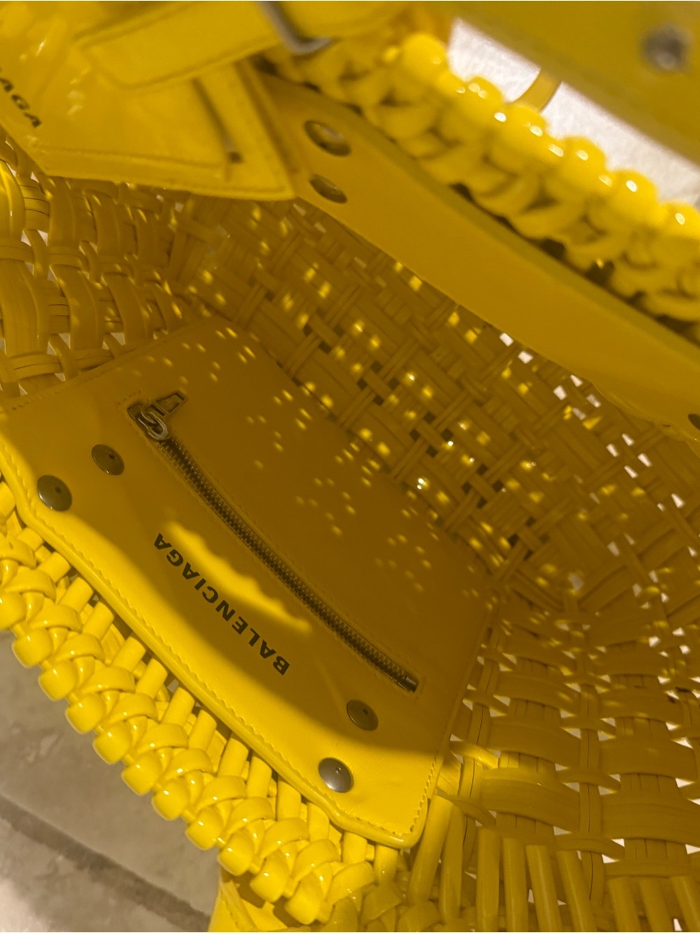 Balenciaga Bright Yellow Woven Tote with Branded Tag - Picture 3 of 5